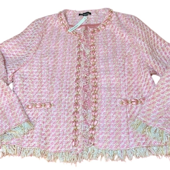 Michael Simon Pink & Cream Tweed Jacket, Pearl Ribbon Accent, size Large Petite - Picture 7 of 12